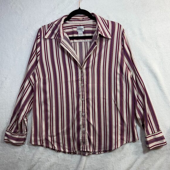 Chicos 2M Bordeaux Striped Purple Buttoned Top Stretch Preppy Office Work Brunch - Picture 2 of 7